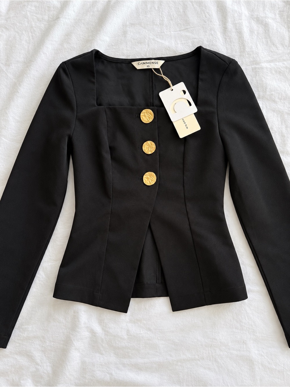 Commense Black Fitted Jacket with Gold Medallion Buttons